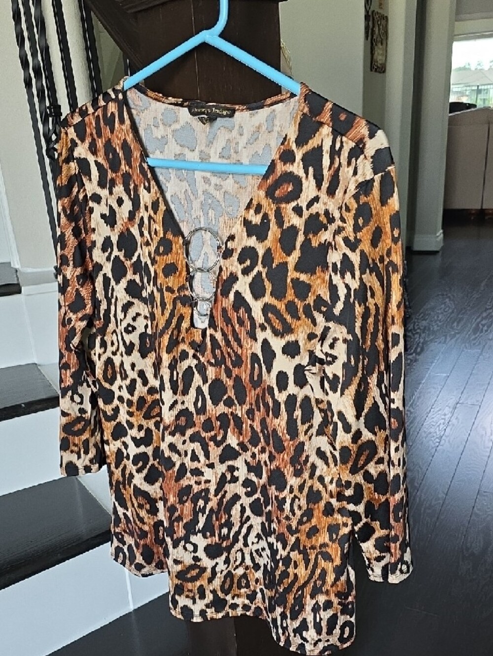 Women’s Leopard Print V-Neck Tunic with Ring Detail - Brown/Black - Picture 3 of 11